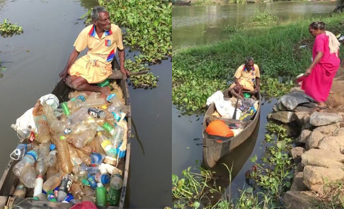 kerala rajapan cleans plastic in lake